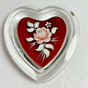 Westmoreland Ruby Red Glass Heart Trinket Dish Rose Signed E Sparkes 1978